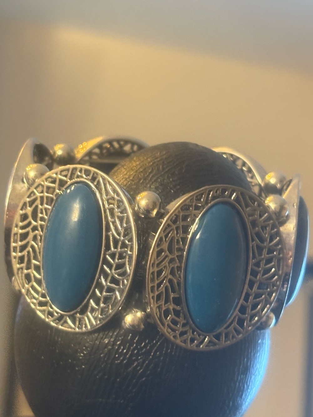 Silver-Tone Blue Oval Stone Bracelet